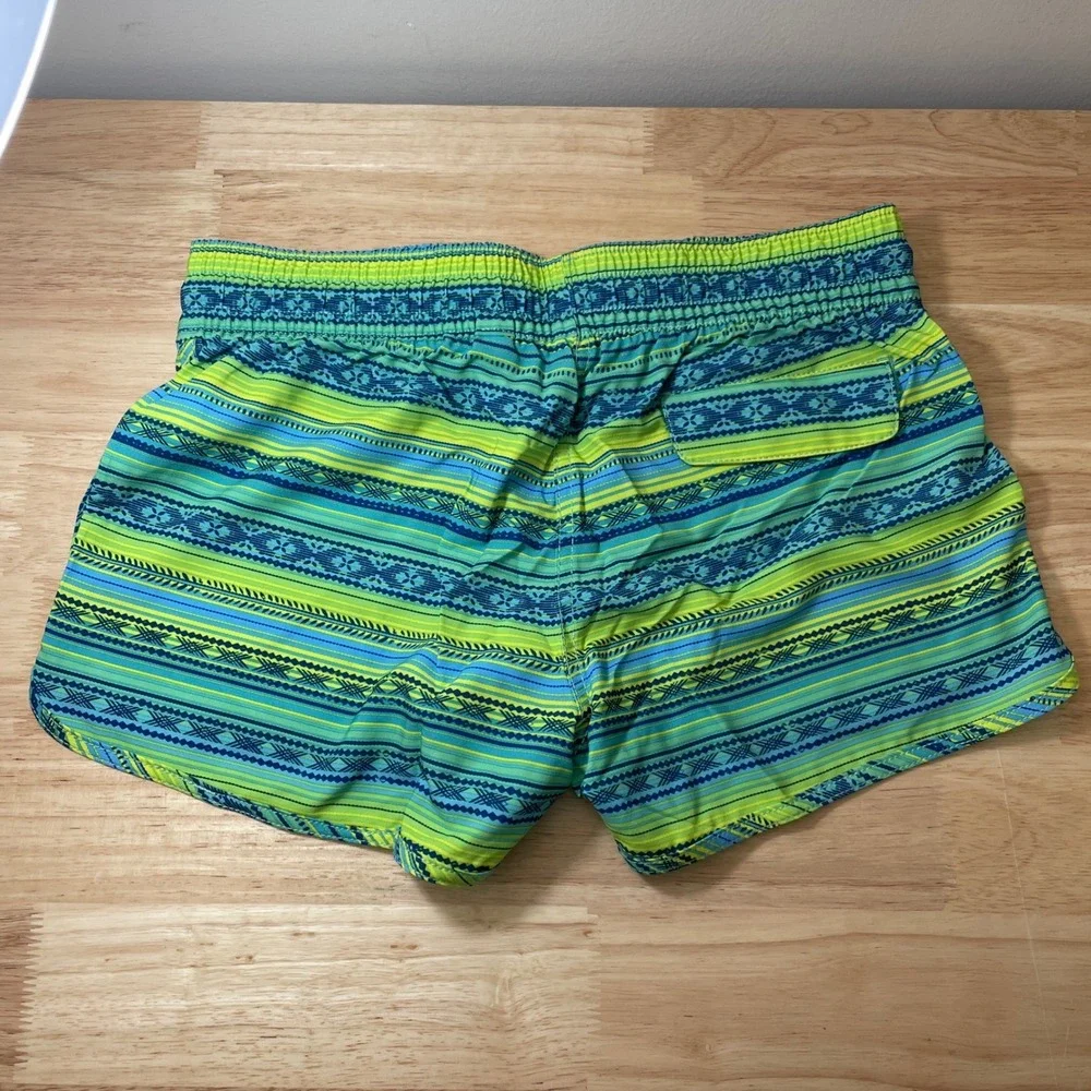 Surfcuz Women Board Shorts Size 32 Green Blue Geometric Stripe Swim Trunks NWT